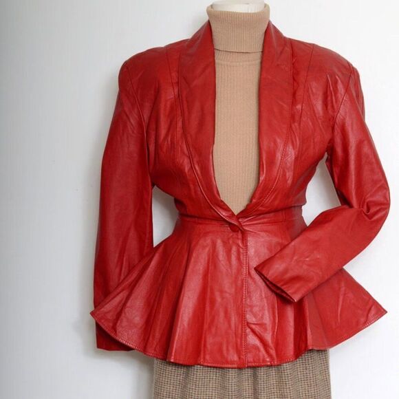 NWT Vintage XS Womens 80s Red Leather Peplum CHIA Fitted Sexy Cinch Jacket Coat - Picture 15 of 16